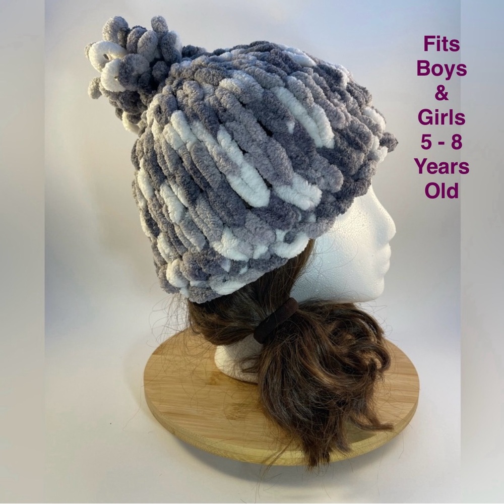 Handmade Kid’s Super Soft & Cozy Winter Hat With Loopy Pom-Pom - Variegated Gray